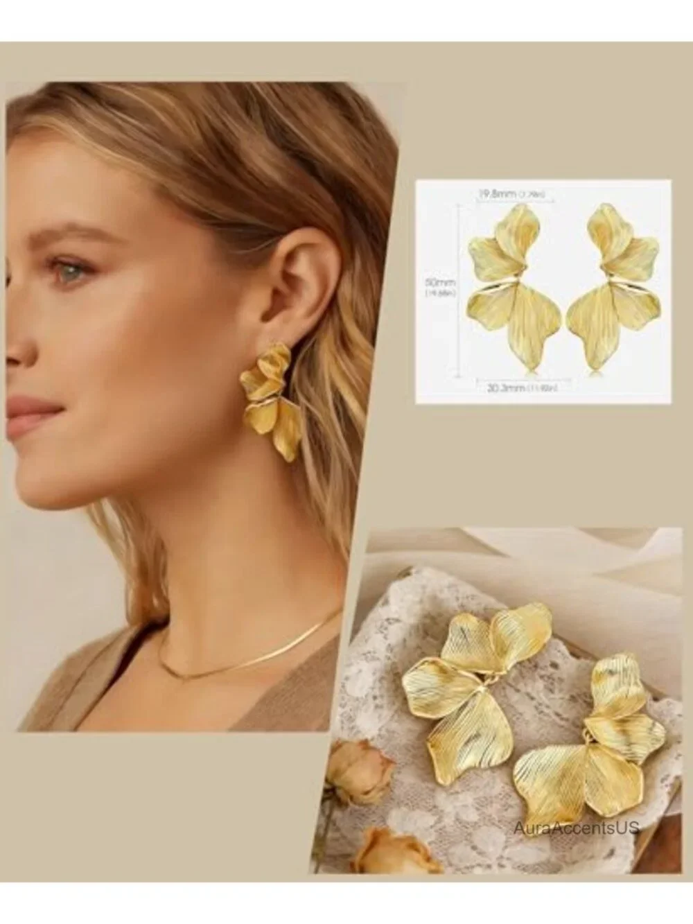 4 Pair Gold Plated Chunky Statement Earrings Set for Women - Flower Leaf Hoop